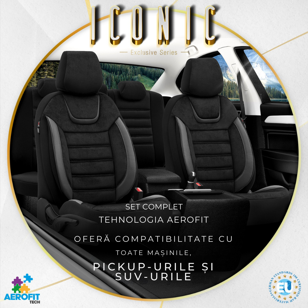 Set Huse Scaun Otom Iconic 702 Negru/Gri -11Buc