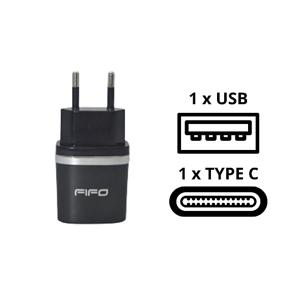 Incarcator 220V 1xUSB 1xType-C 3.1A Negru Fifo