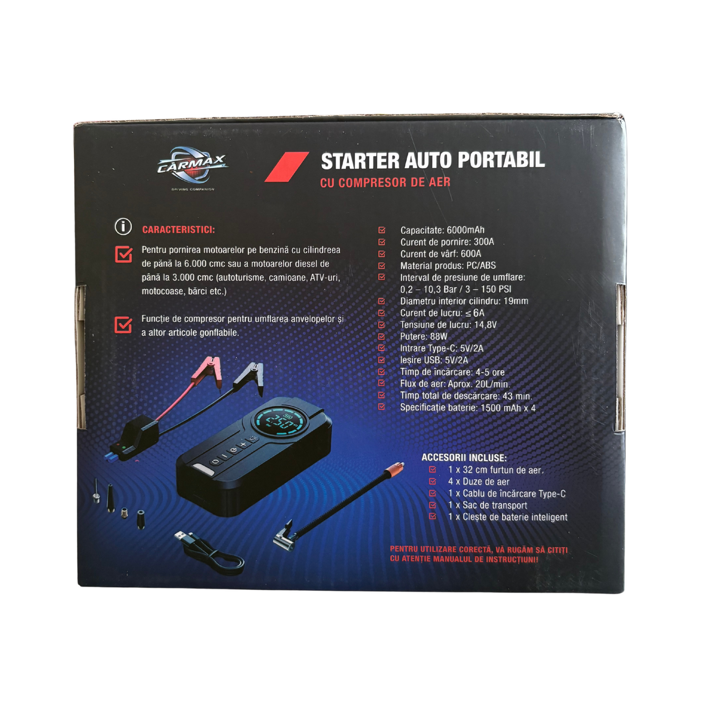 Starter Auto Portabil Cu Compresor 6000Mah Carmax