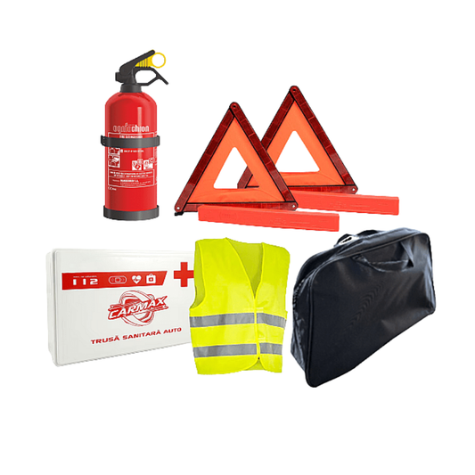 Kit Siguranta Auto 5 Piese cu geanta: Trusa, Stingator, 2 Triunghiuri Reflectorizante & Vesta
