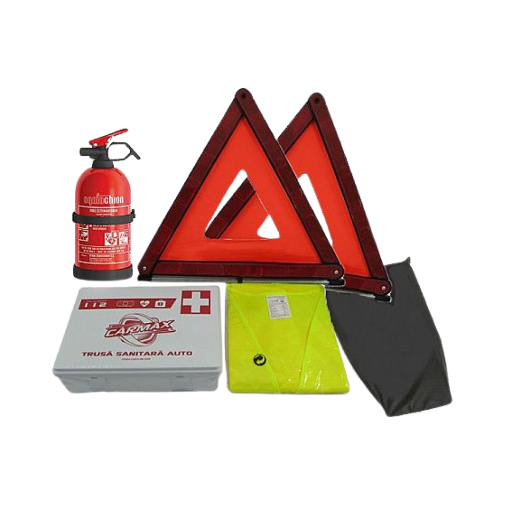 Kit Siguranta Auto 5 Piese cu Sac de Depozitare – Trusa, Stingator, Triunghiuri & Vesta