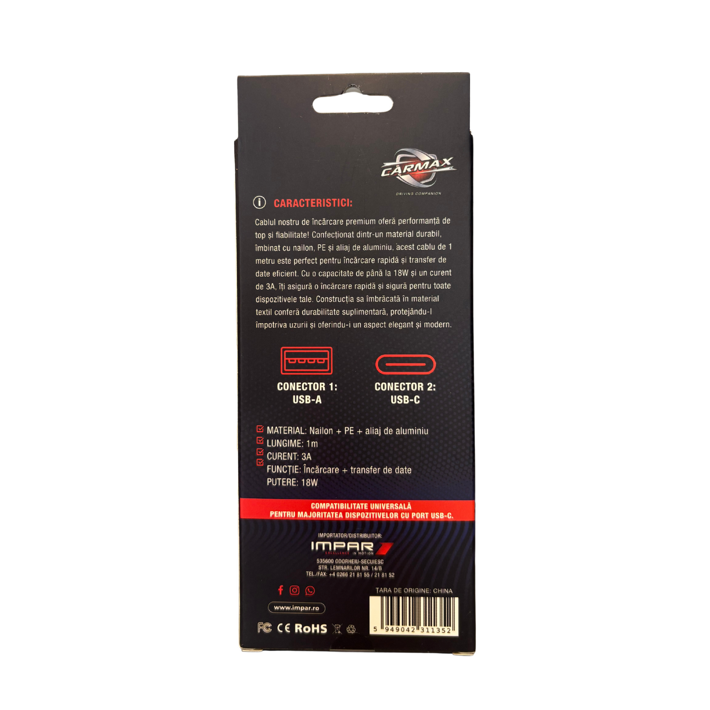 Cablu de Incarcare 1M USB-A/TYPE-C Carmax