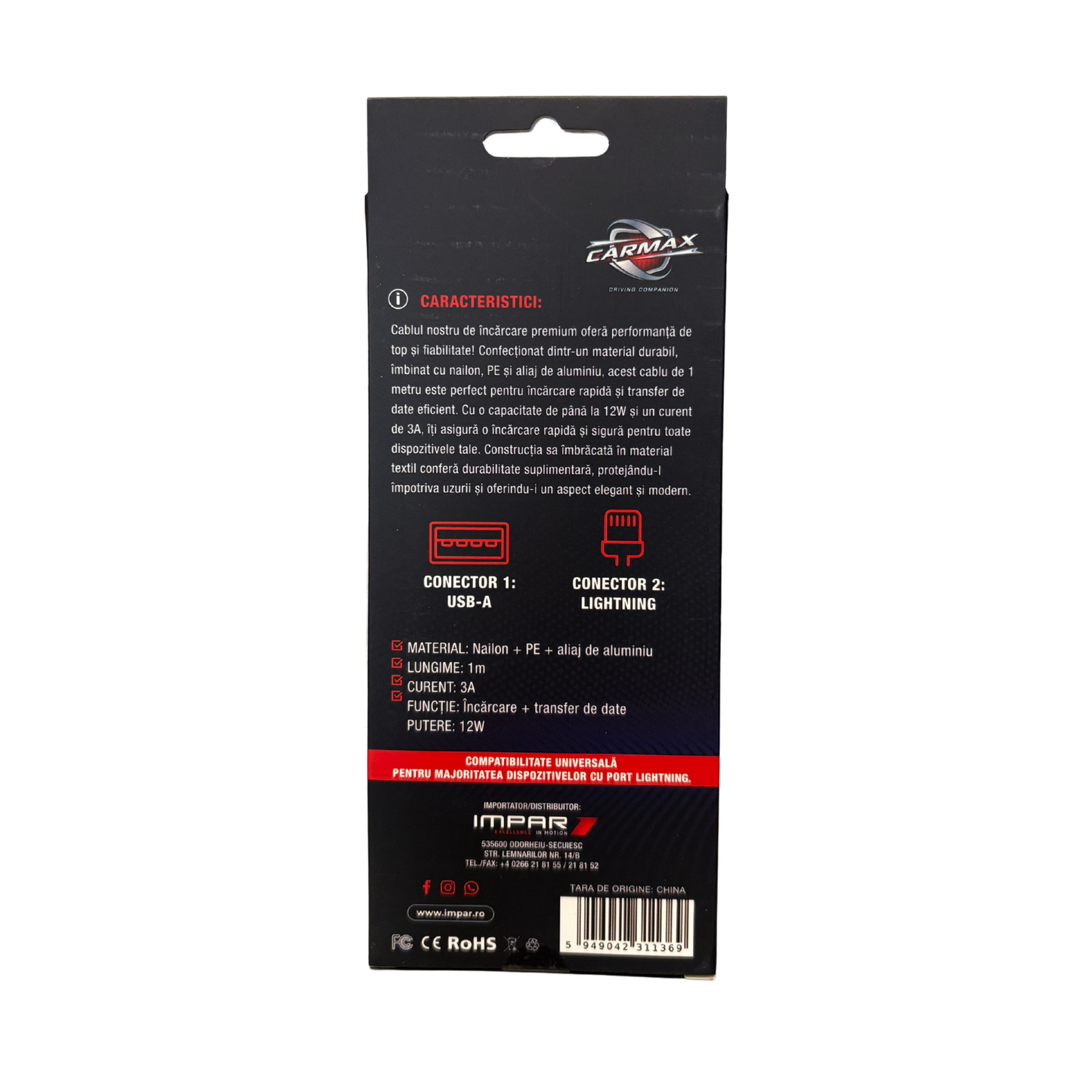 Cablu de Incarcare 1M USB-A/LIGHTNING Carmax