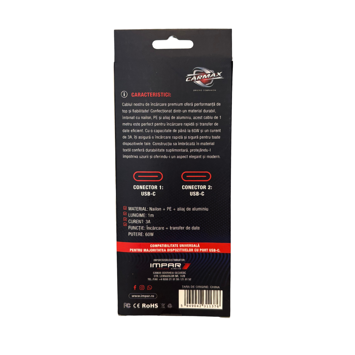 Cablu de Incarcare 1M TYPE-C/TYPE-C Carmax