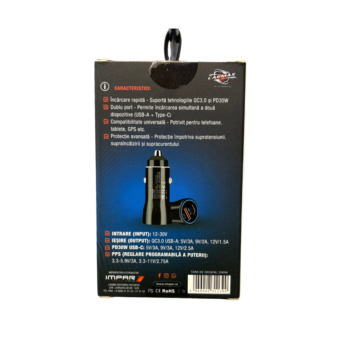 Stecher Auto Dual USB/TYPE-C 48W Carmax