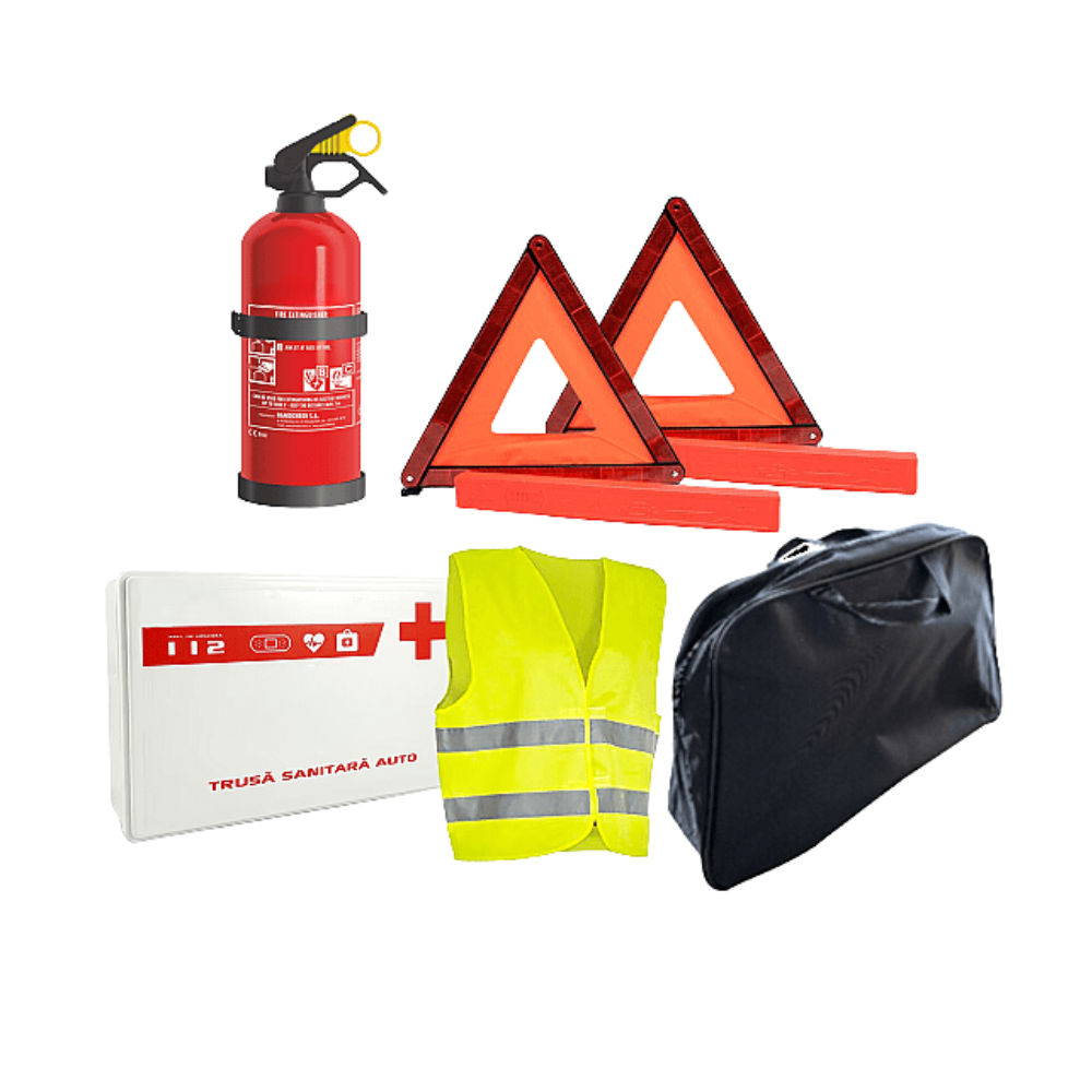 Kit Siguranta Auto 5 Piese cu geanta: Trusa, Stingator, 2 Triunghiuri Reflectorizante & Vesta